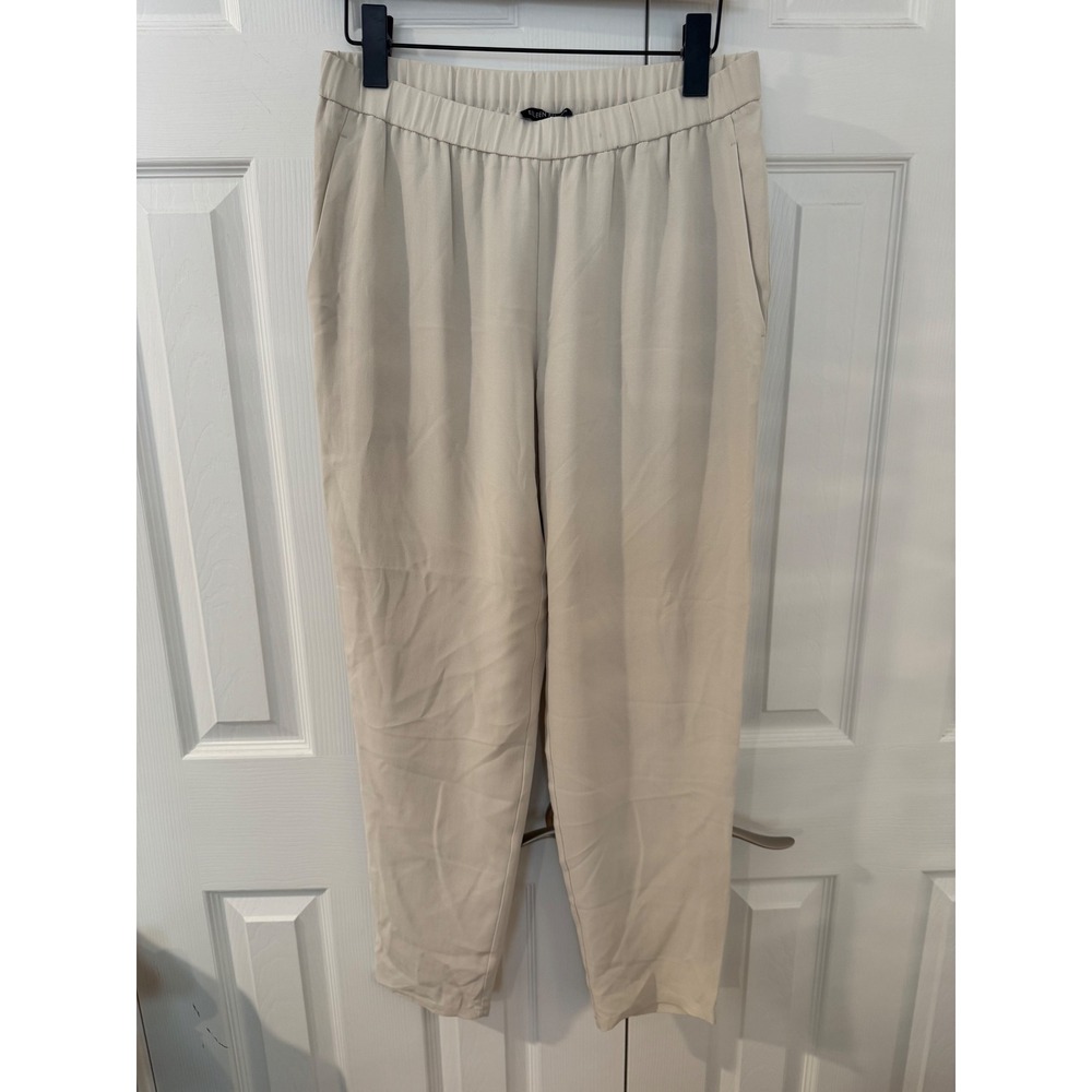 Eileen Fisher 100% Silk Crepe Tapered Pants Bone Beige Elastic Waist Small S P